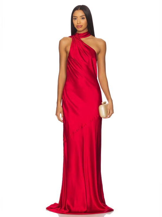 Lovers + Friends Dresses & Skirts - Lovers and Friends Mila Gown Red OneShoulder Satin Evening dress sash Revolve XS